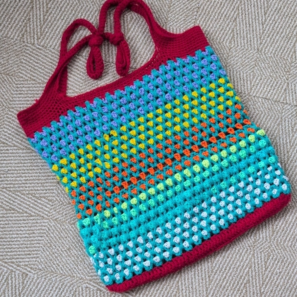 Handmade Rainbow Stripe Multicolor Crochet Tote Market Beach Bag - Picture 3 of 6